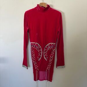 NWOT the candy shop red high-neck, velvet, long-sleeve bodycon mini dress featu